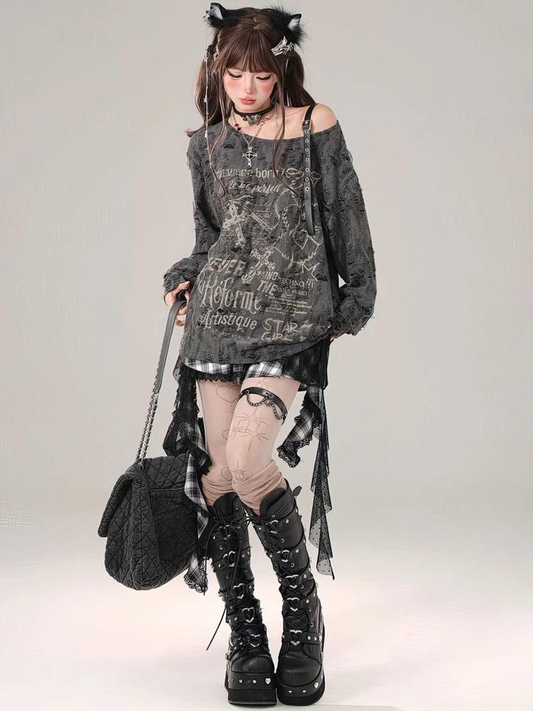 🖤 Dark Muse – Top Vintage Oversized Sexy Gótico con Hombros Descubiertos