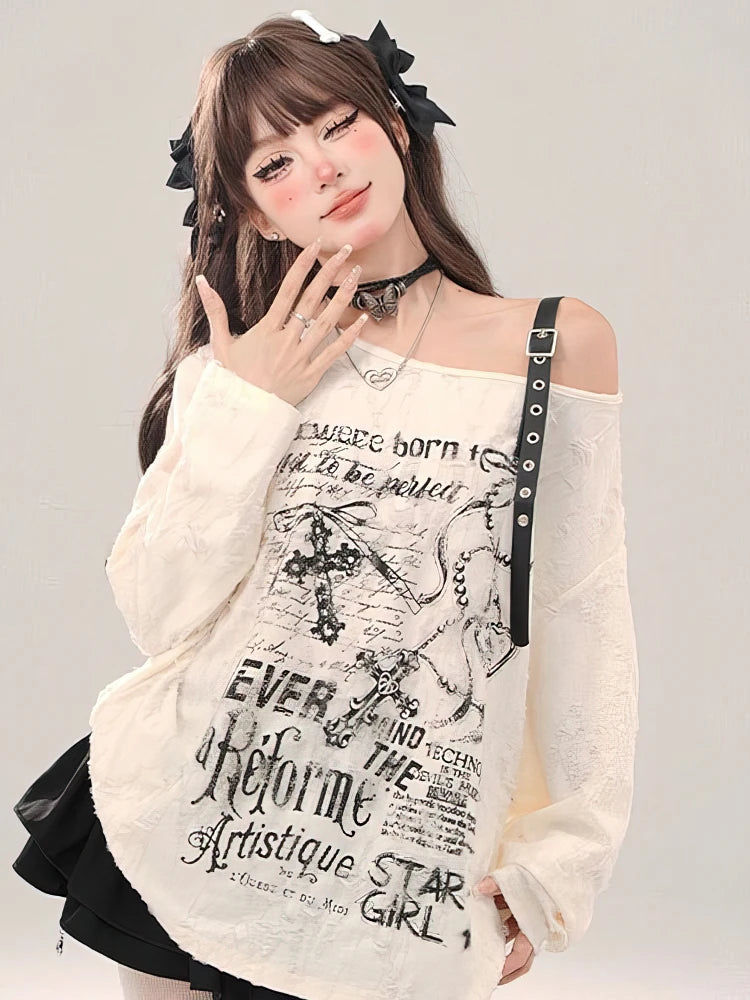 🖤 Dark Muse – Top Vintage Oversized Sexy Gótico con Hombros Descubiertos
