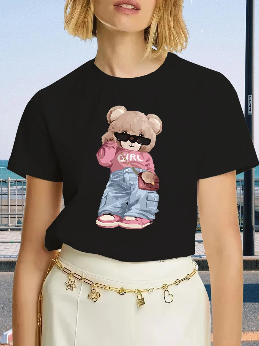 Camiseta con Oso Bonito🧸 – Manga Corta, Estilo Streetwear Cute