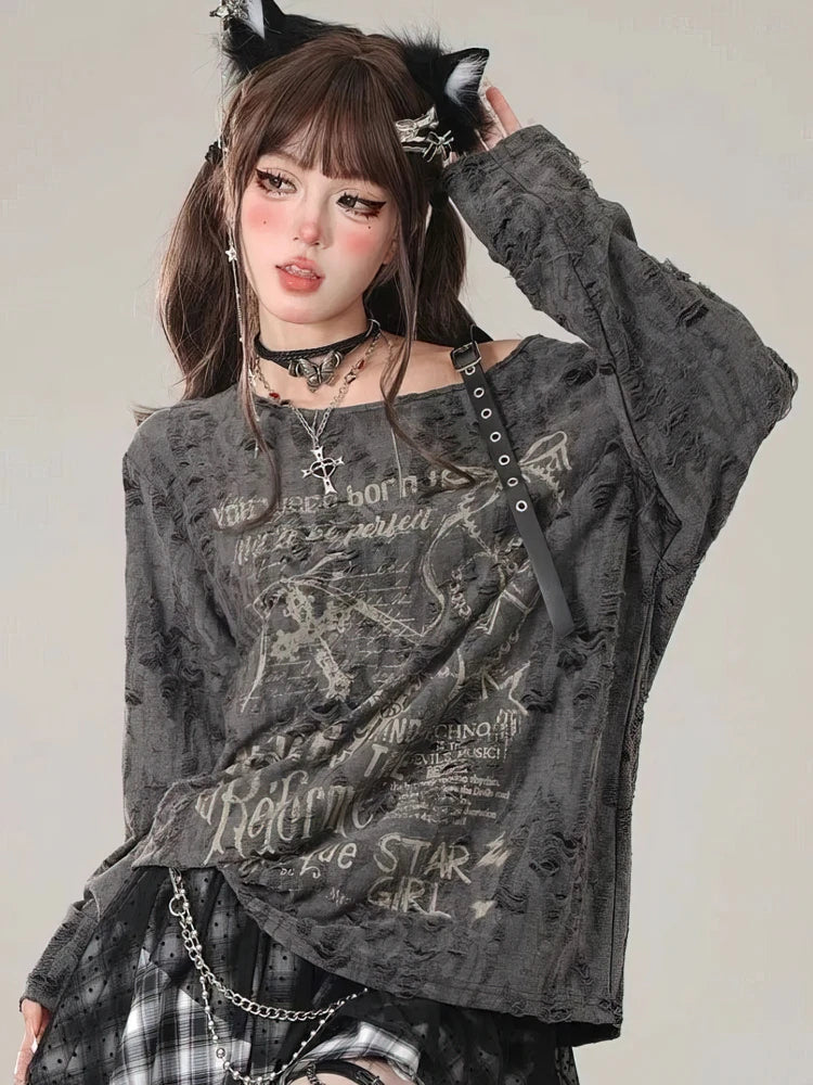 🖤 Dark Muse – Top Vintage Oversized Sexy Gótico con Hombros Descubiertos