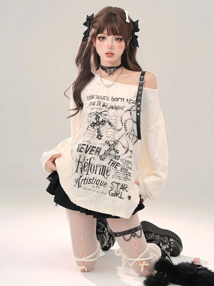 🖤 Dark Muse – Top Vintage Oversized Sexy Gótico con Hombros Descubiertos